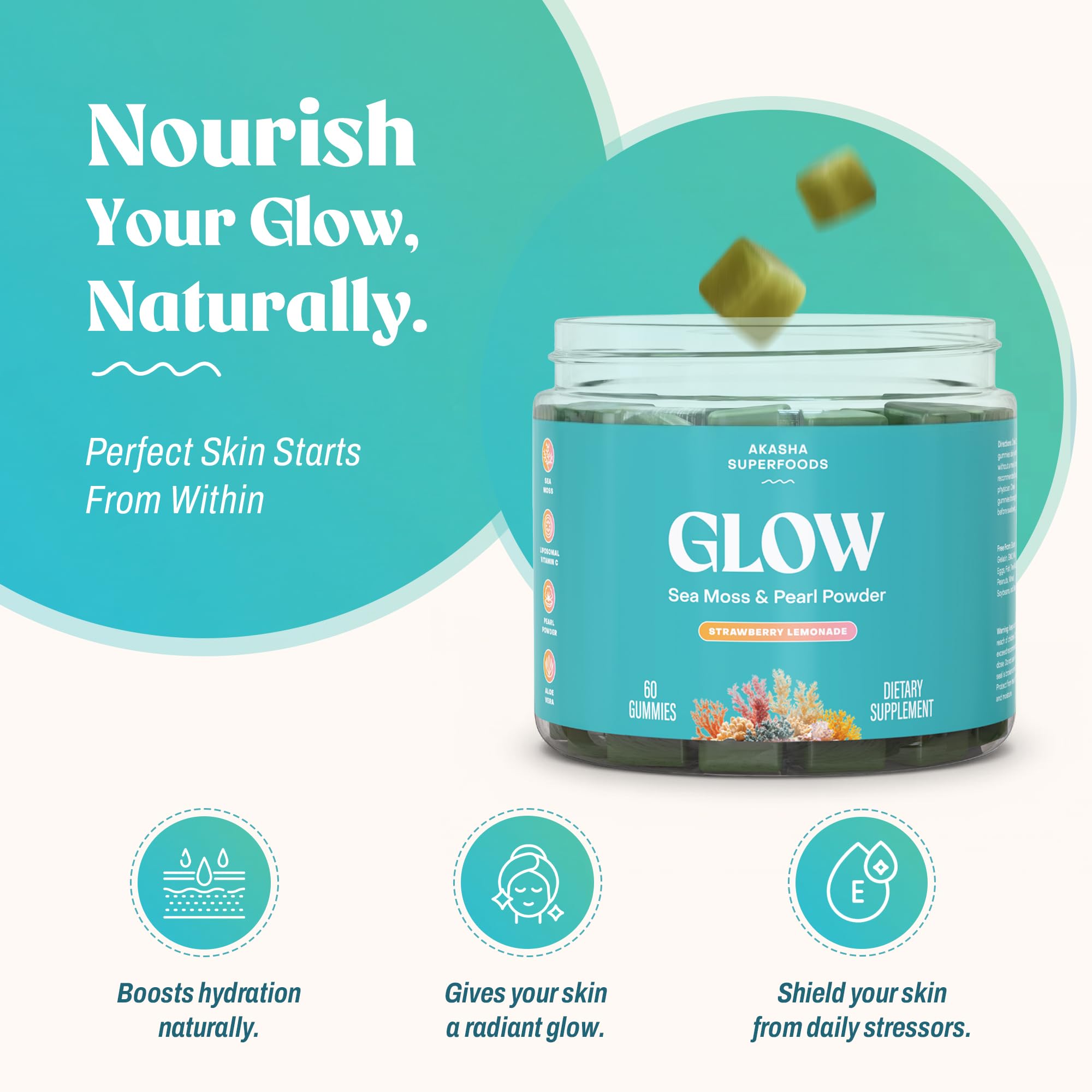 Akasha Sea Moss Glow Gummies closeup highlights premium ingredients for hair and skin support.