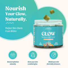 Akasha Sea Moss Glow Gummies closeup highlights premium ingredients for hair and skin support.
