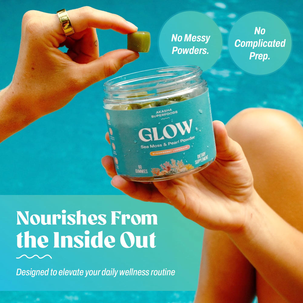 Akasha Sea Moss Glow Gummies on-desk setup suggests easy daily self-care habit.