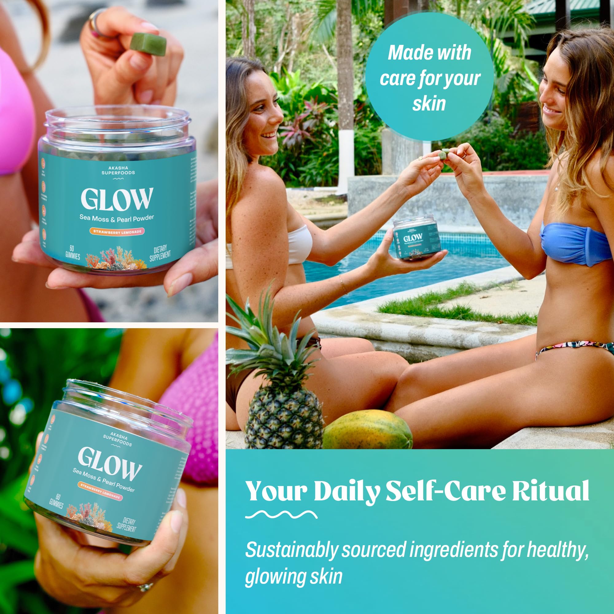 Akasha Sea Moss Glow Gummies with glass of water implies convenient routine.