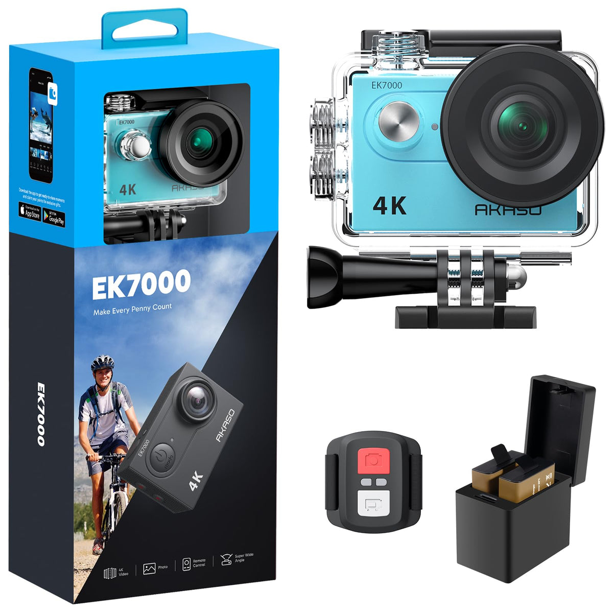 AKASO EK7000 front view for 4K action footage and quick framing.