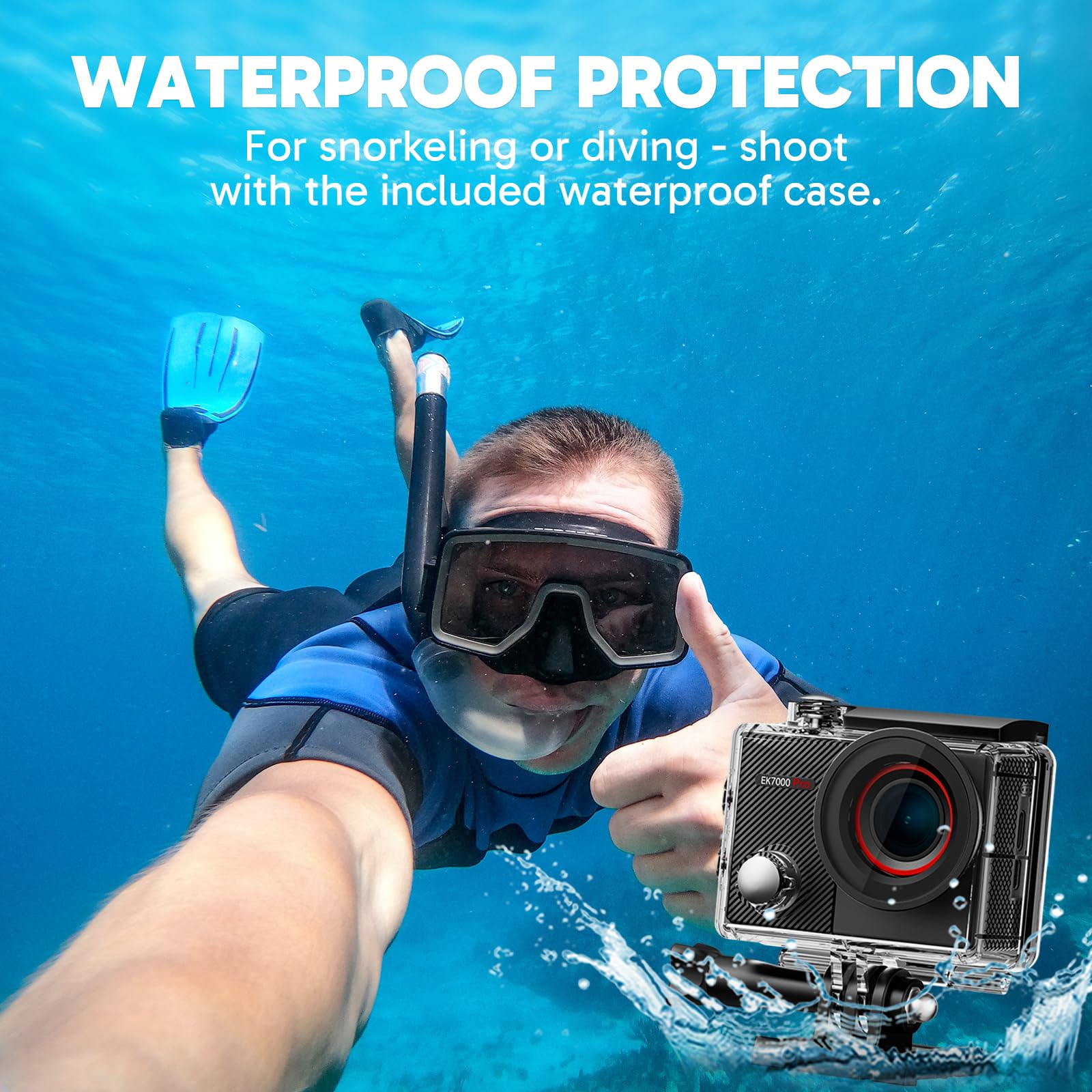 AKASO EK7000 Pro waterproof case rated to 131ft for underwater shoots