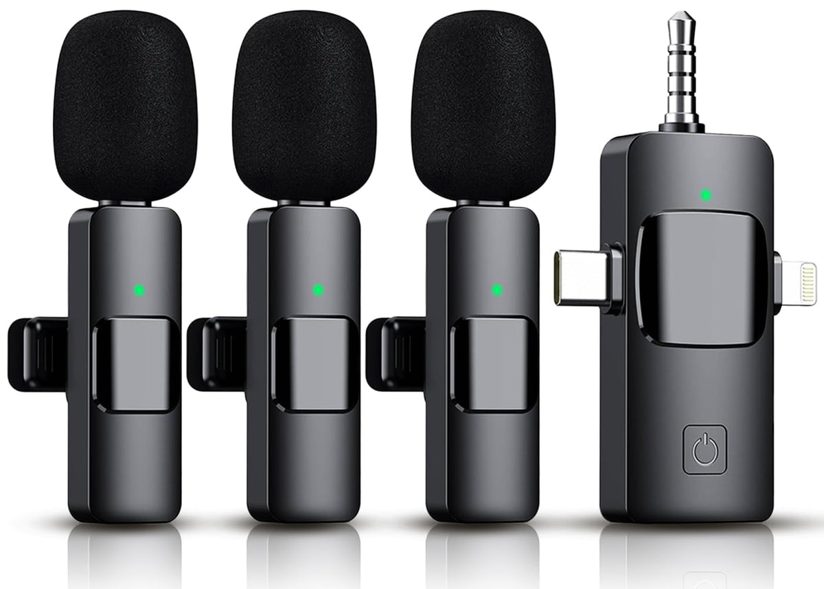 Akcswo 3 in 1 wireless lavalier microphone receiver guiding stable audio for videos.