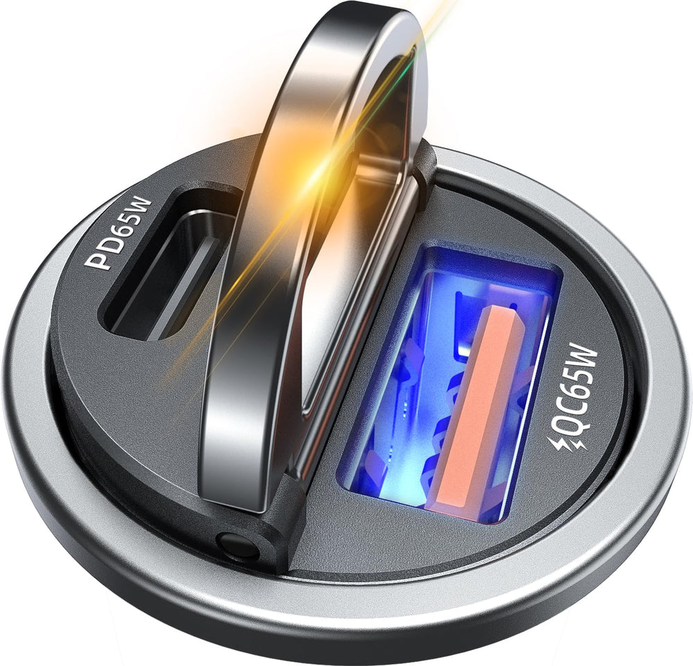 AKESR 65W USB-C car charger front view showing fast charging on the road