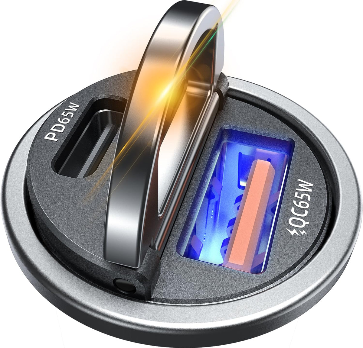 AKESR 65W USB-C car charger front view showing fast charging on the road