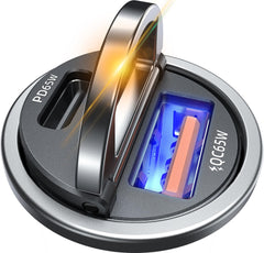 AKESR 65W USB-C car charger front view showing fast charging on the road