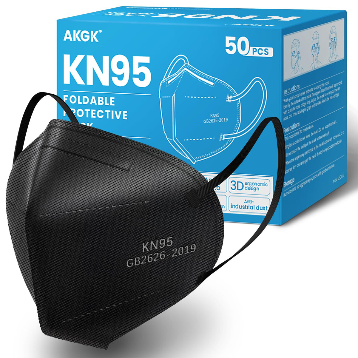 akgk KN95 face mask 50-pack display for all-season protection.