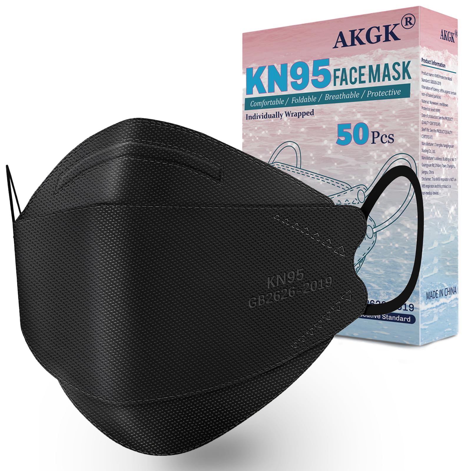 AKGK KN95 mask in black packaging for 50 masks