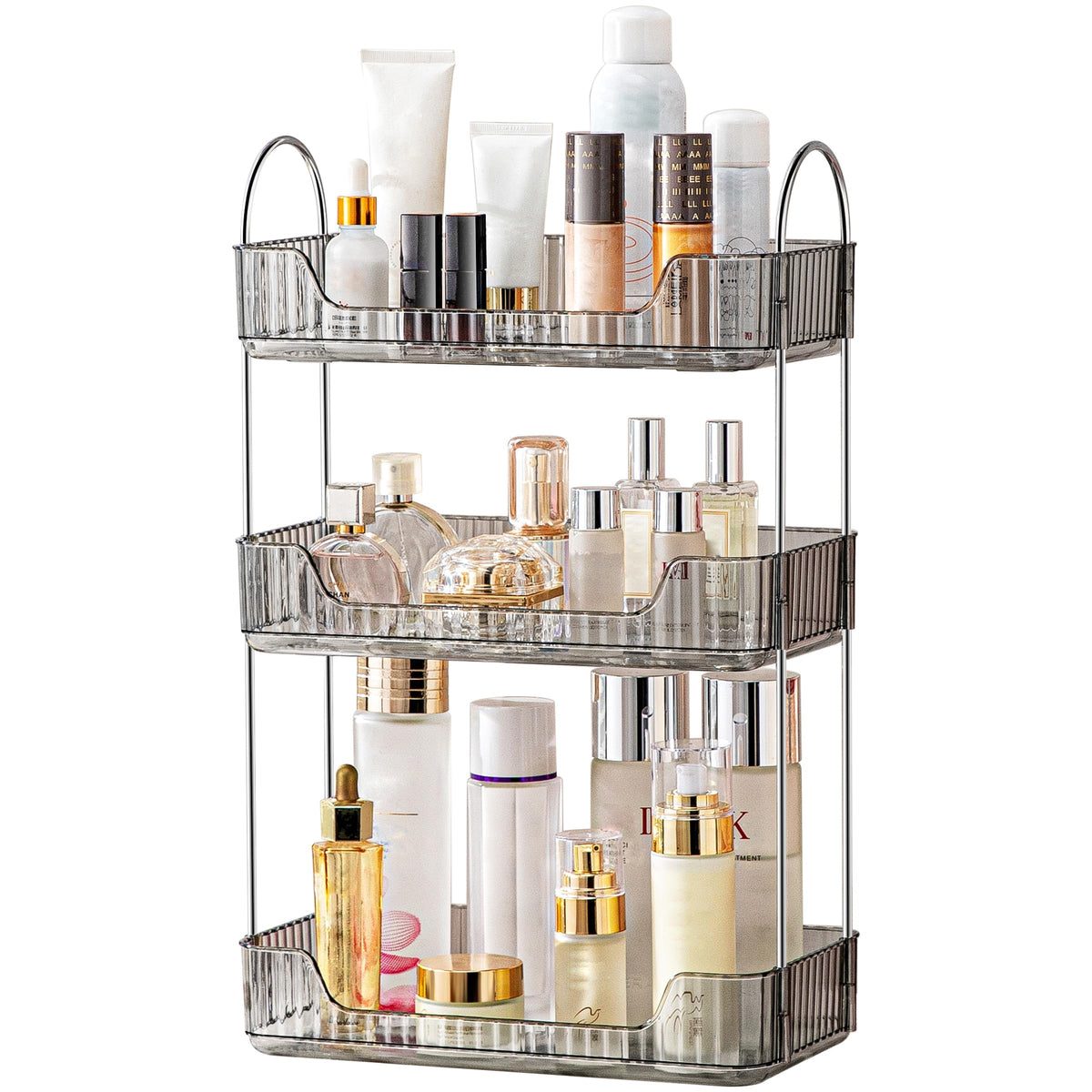 Akinbas grey 3 tier bathroom organizer on a counter showing spacious cosmetic storage