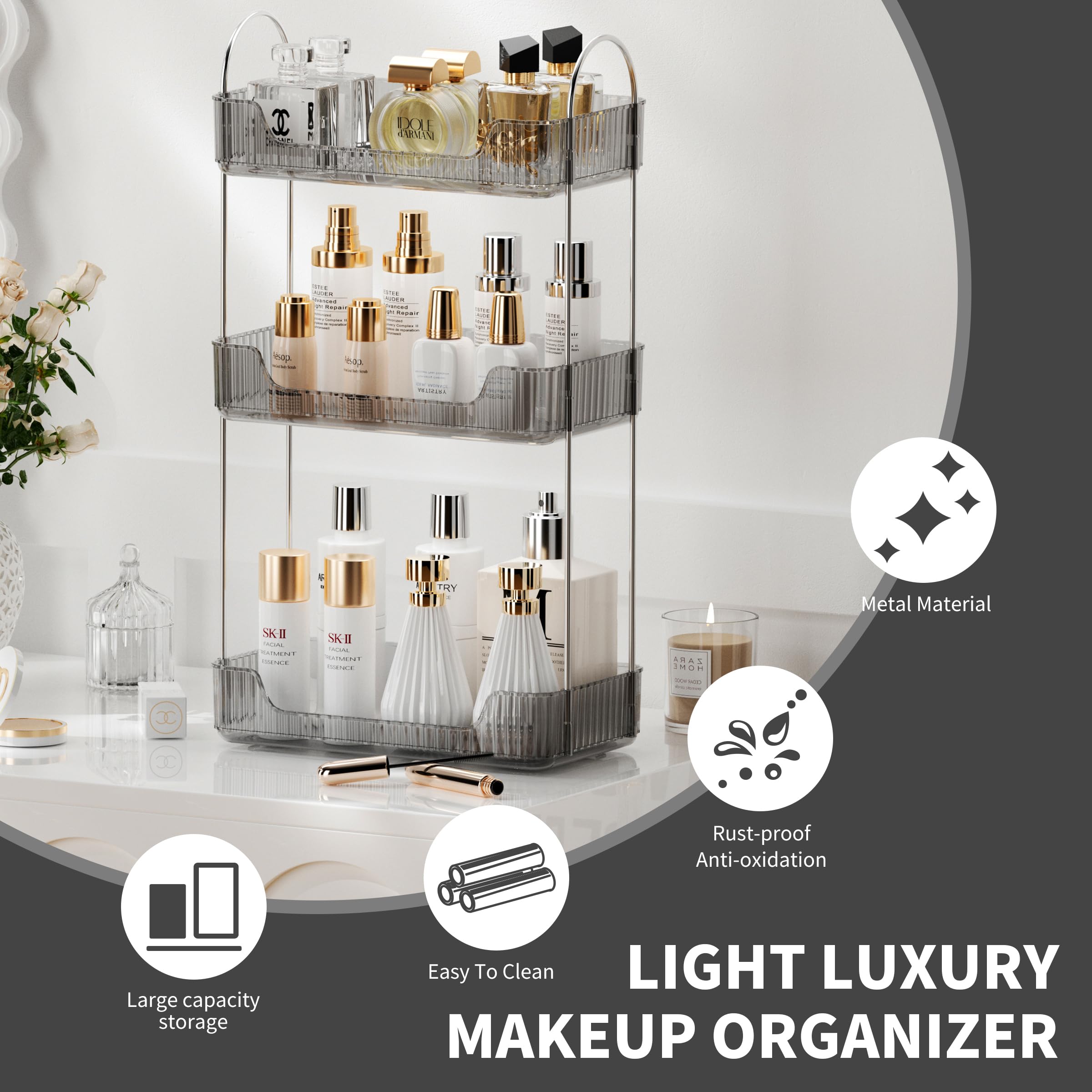 Akinbas grey skincare and perfume tray organized for daily routine