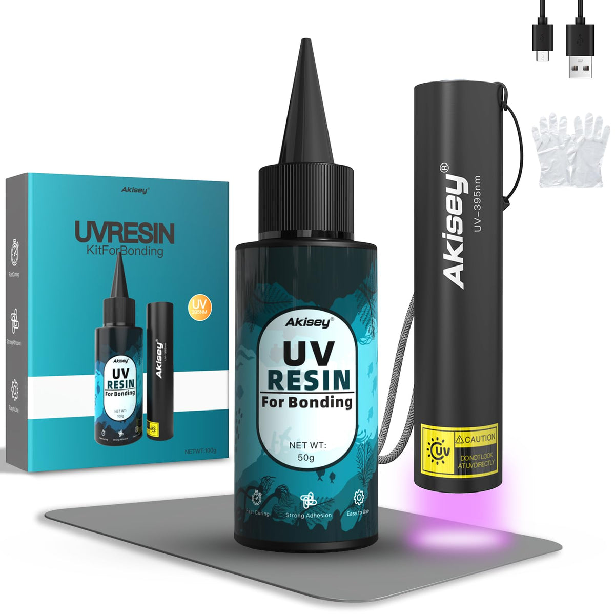 Akisey UV resin kit with light for quick bonding on transparent surfaces.