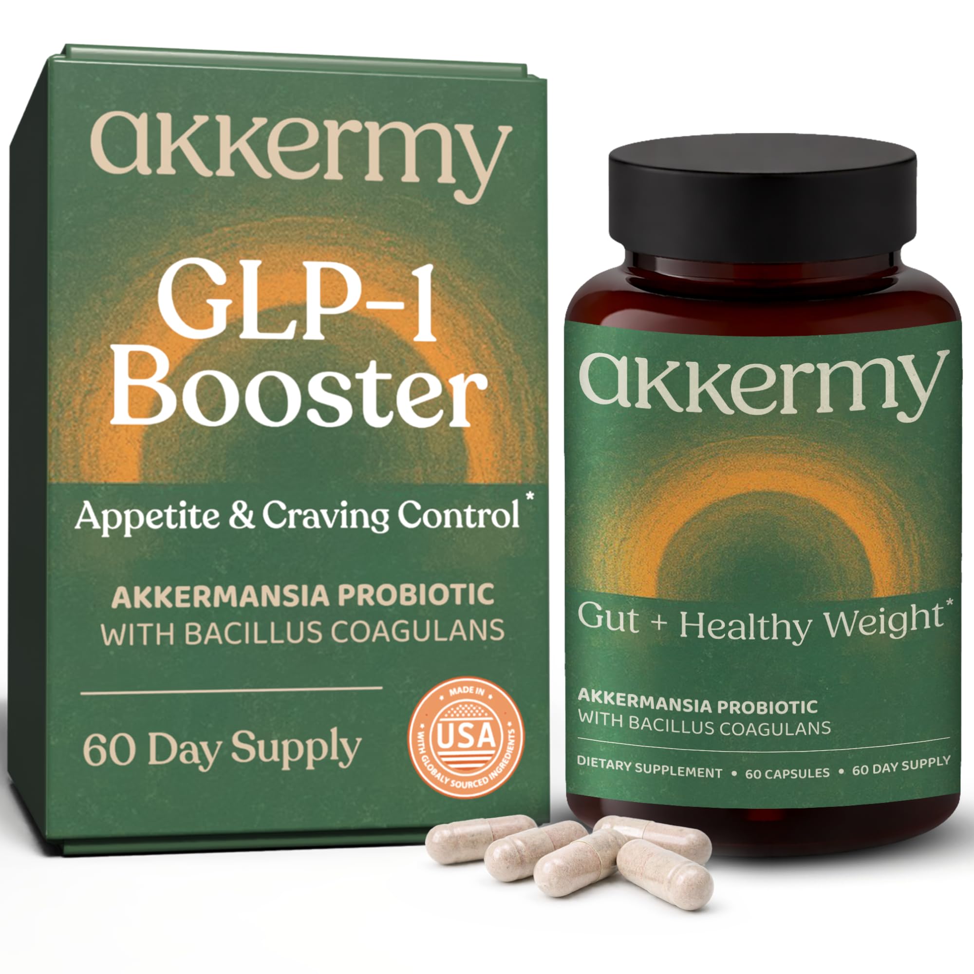 Akkermy bottle front with sleek packaging for daily probiotic support and craving control.