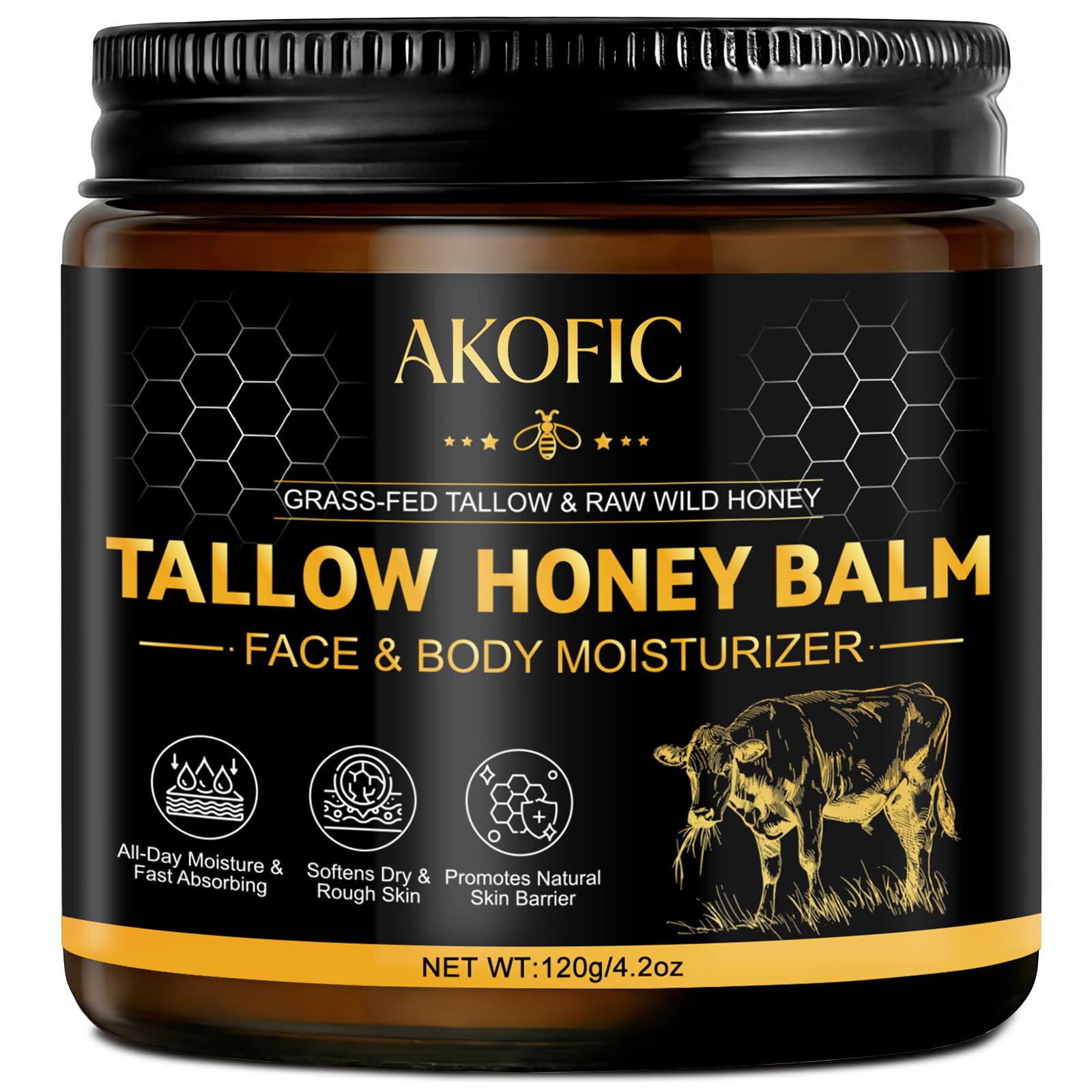 AKOFIC Beef Tallow Honey Balm jar closeup showing rich texture for deep moisture