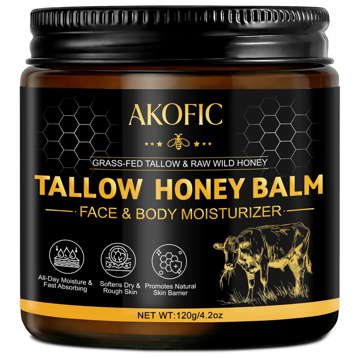 AKOFIC Beef Tallow Honey Balm jar closeup showing rich texture for deep moisture