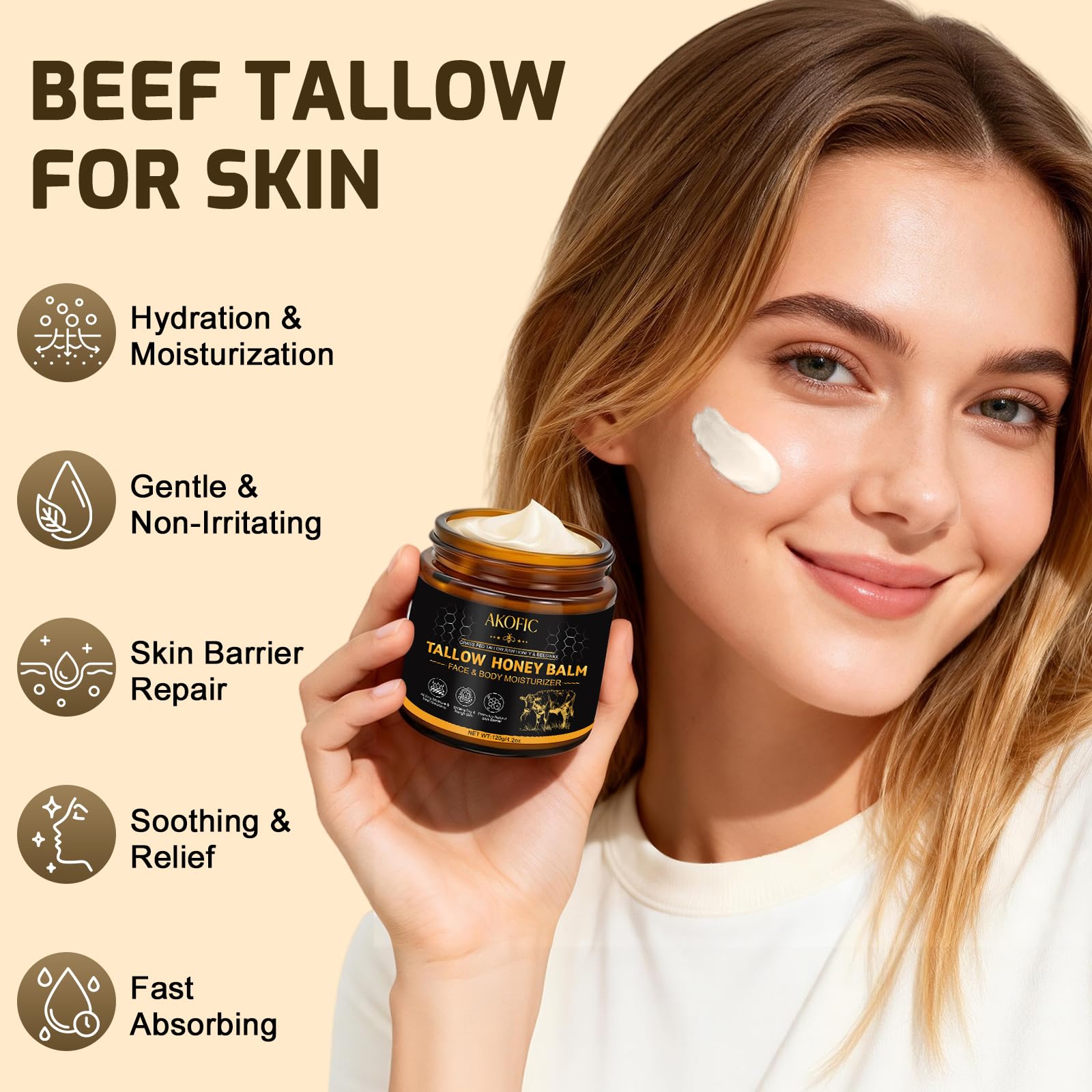 AKOFIC Grass-fed beef tallow, raw honey, and beeswax ingredients highlight natural nourishment