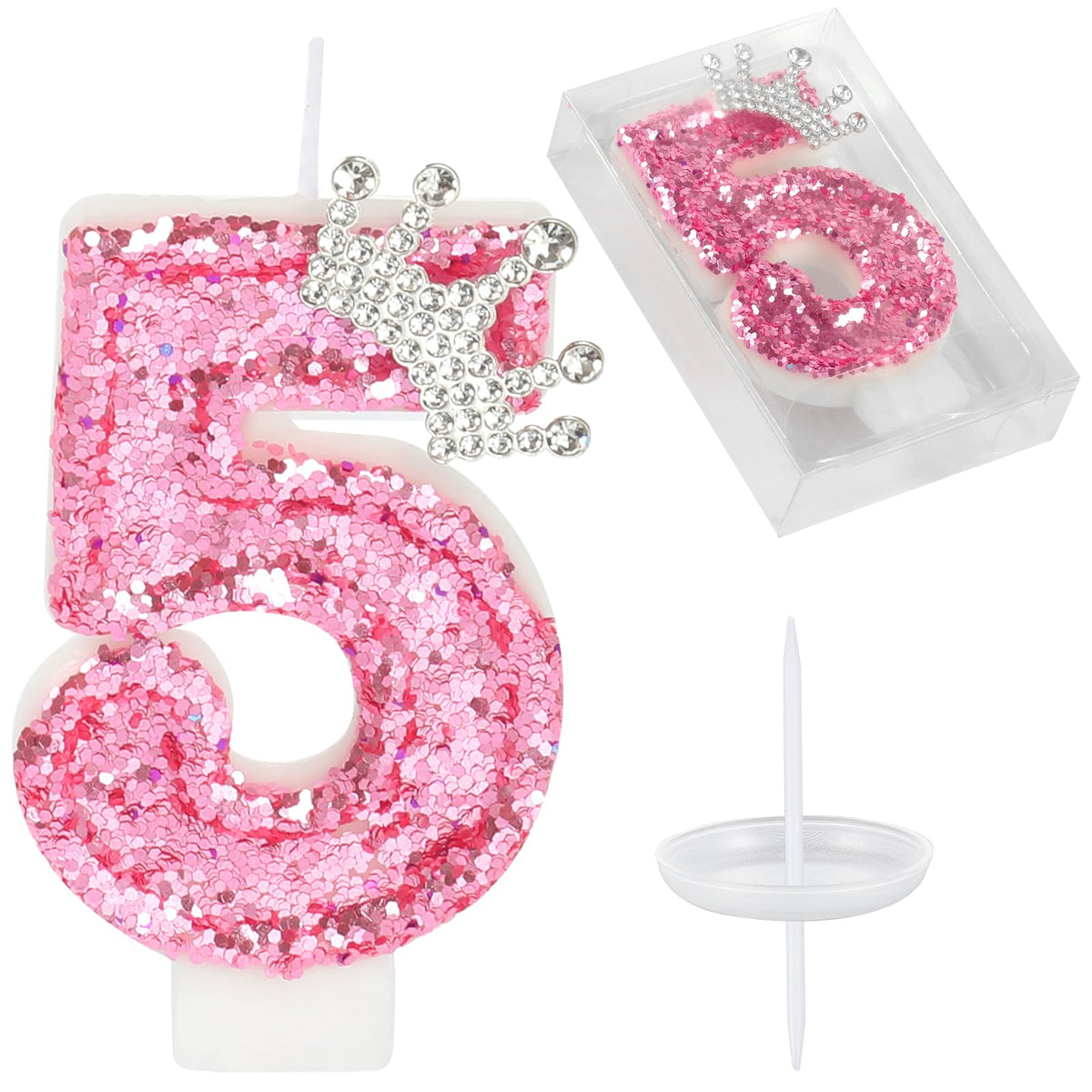 AKURIEEY pink birthday number candle with crown 5 adds sparkle on cake