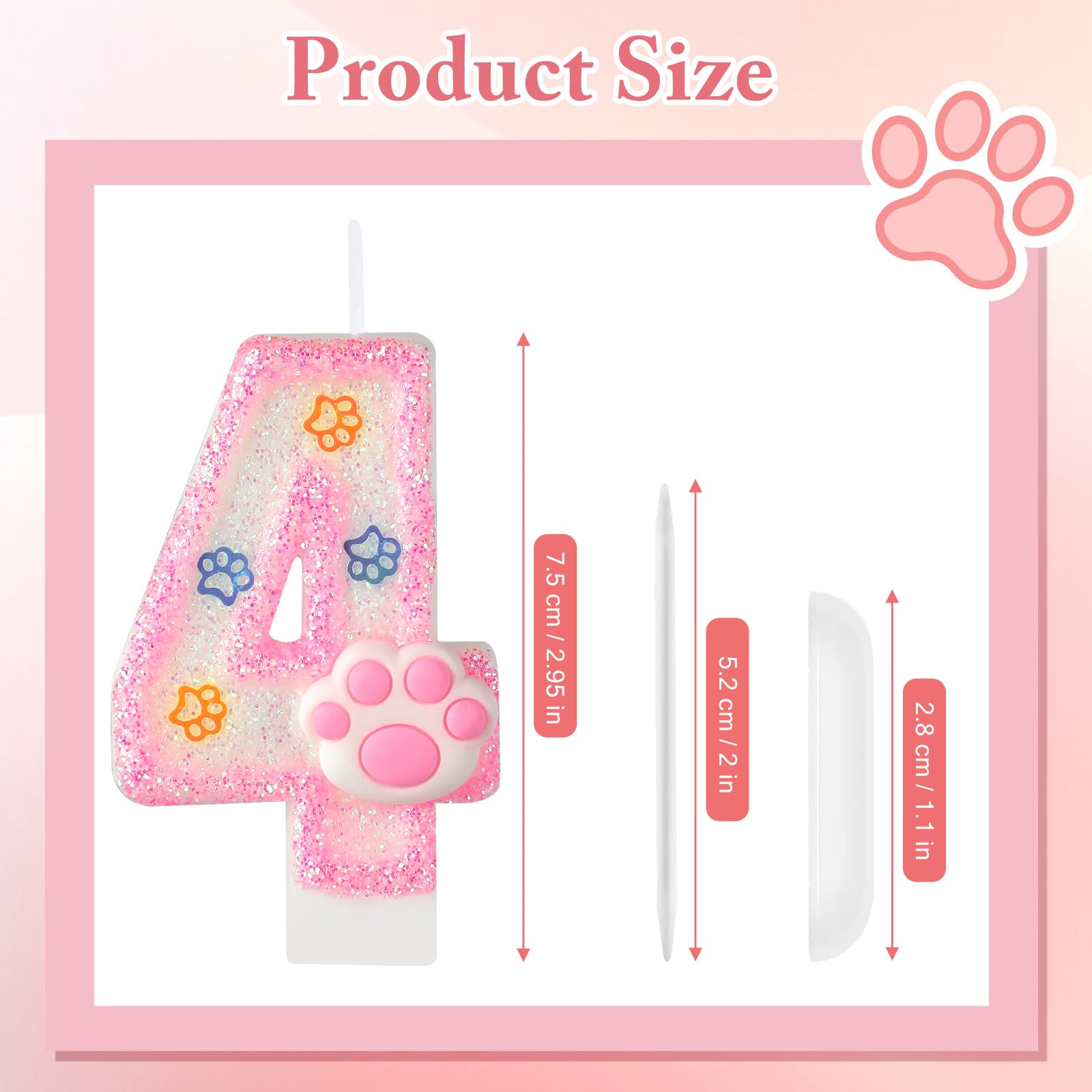 AKURIEEY cake topper paw candle with pink glitter and holder.