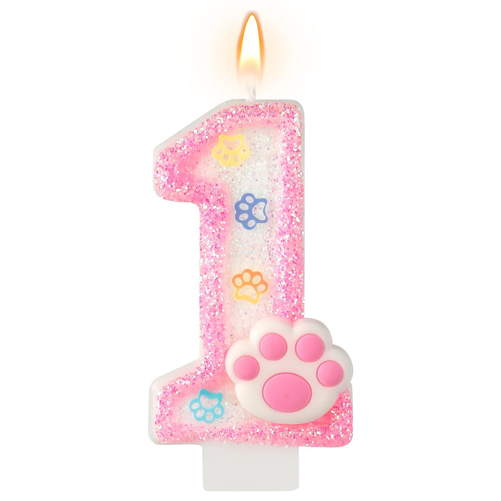 AKURIEEY dog and cat 1st birthday candle with pink paw for pet cakes.