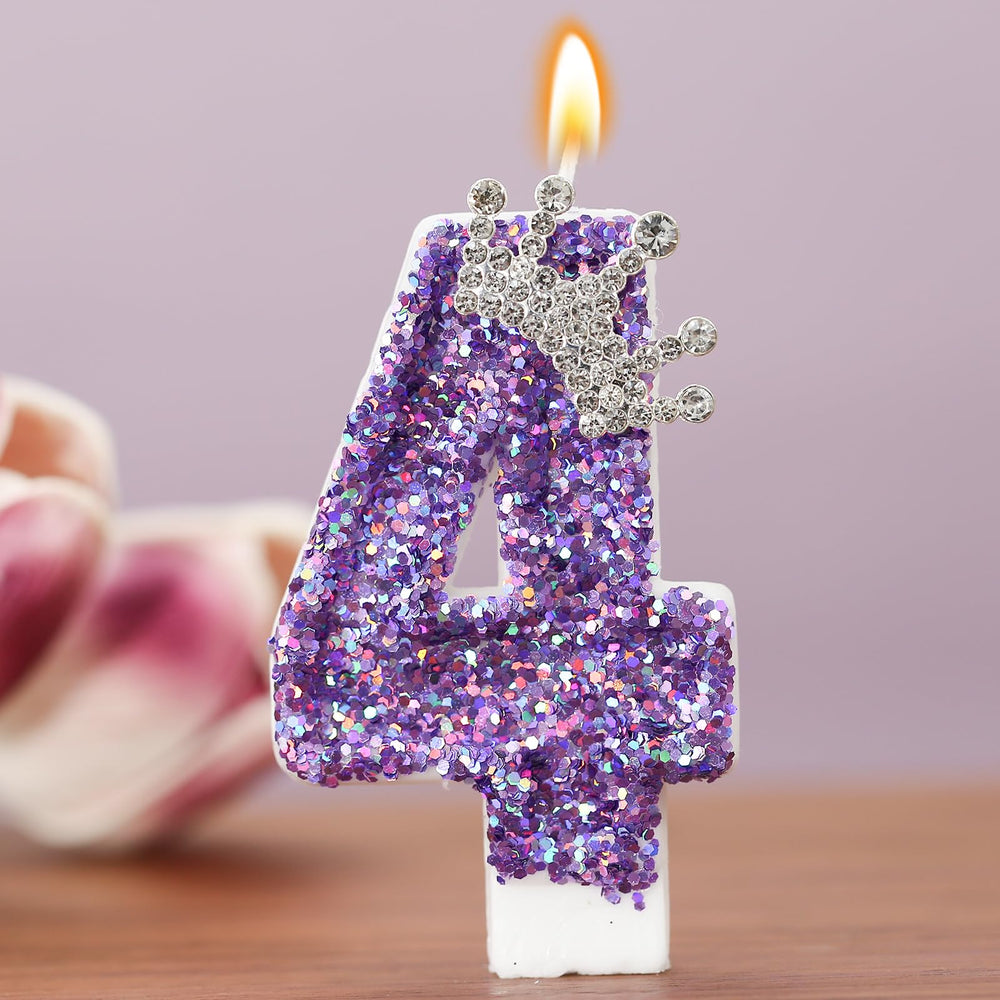 AKURIEEY number 4 candle close-up showing sequins and crown for elegant celebrations