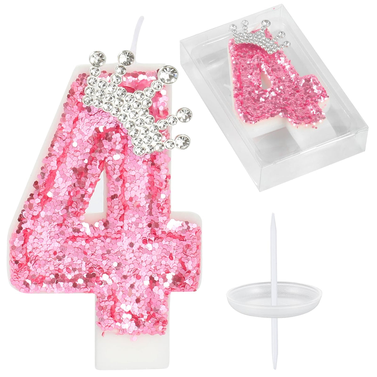 AKURIEEY pink crown number 4 candle adds sparkling flair to birthdays.