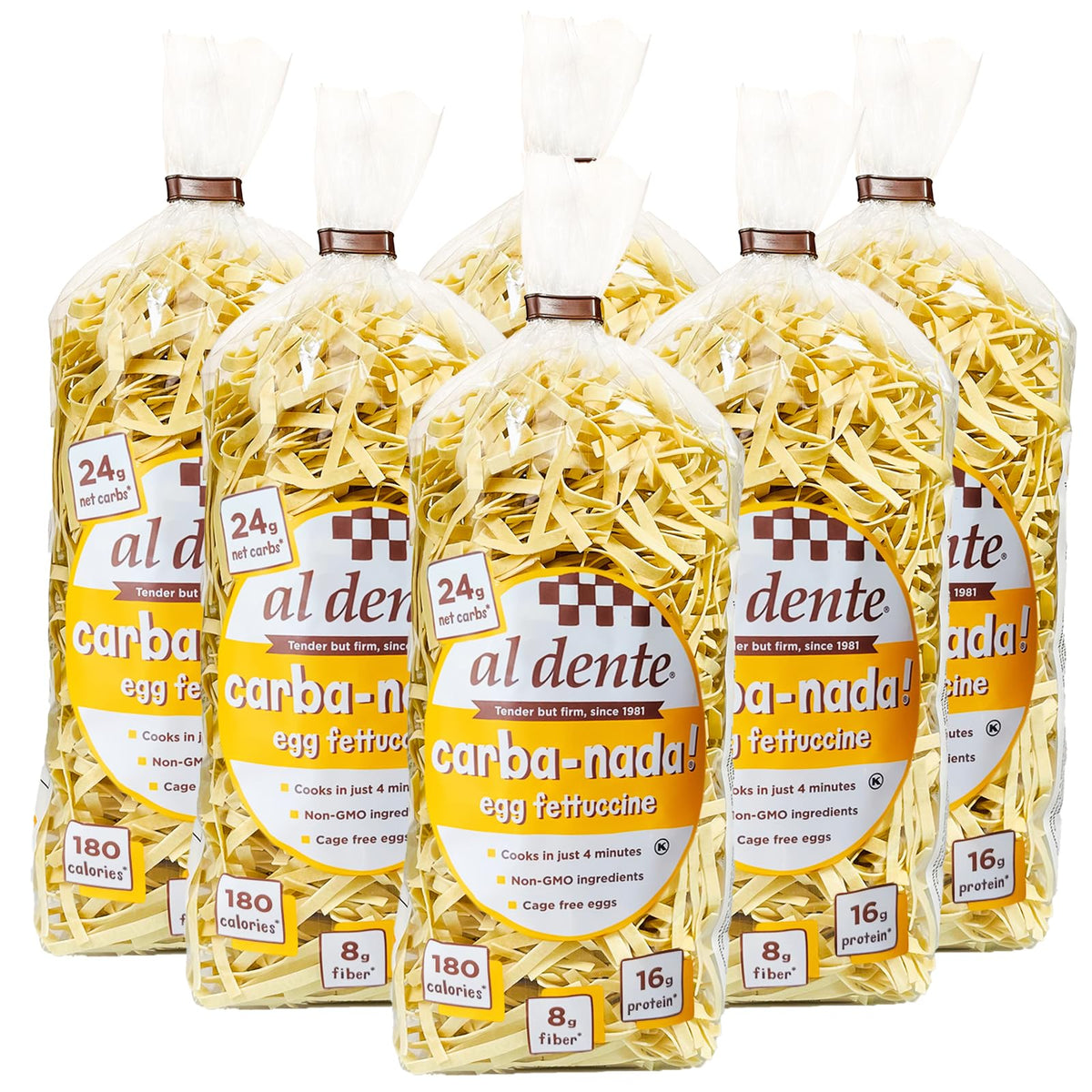 AL DENTE Carba-Nada egg fettuccine pack six for convenient keto-friendly meals.