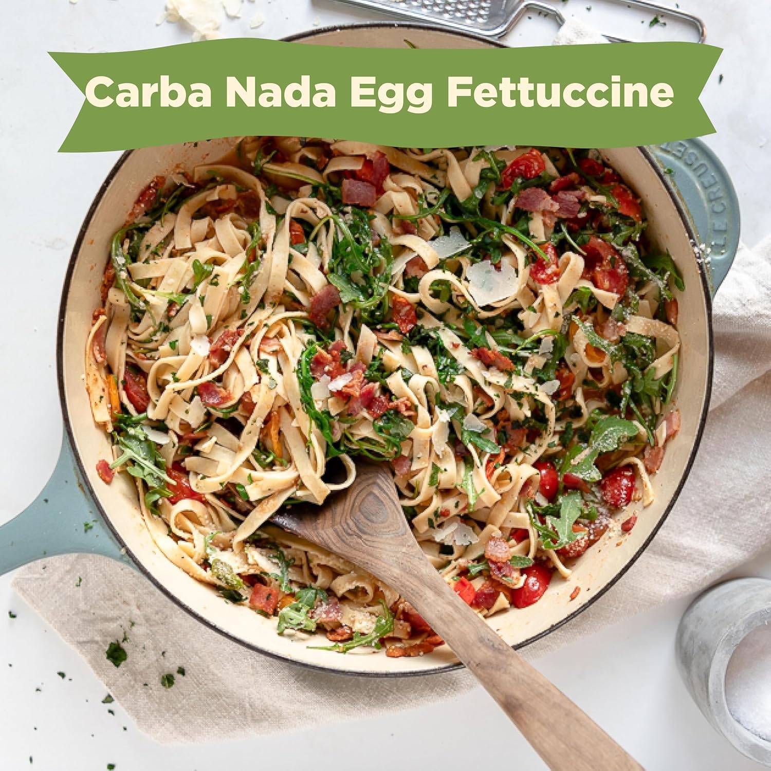 AL DENTE Carba-Nada noodle texture closeup emphasizes homemade taste and fiber content.