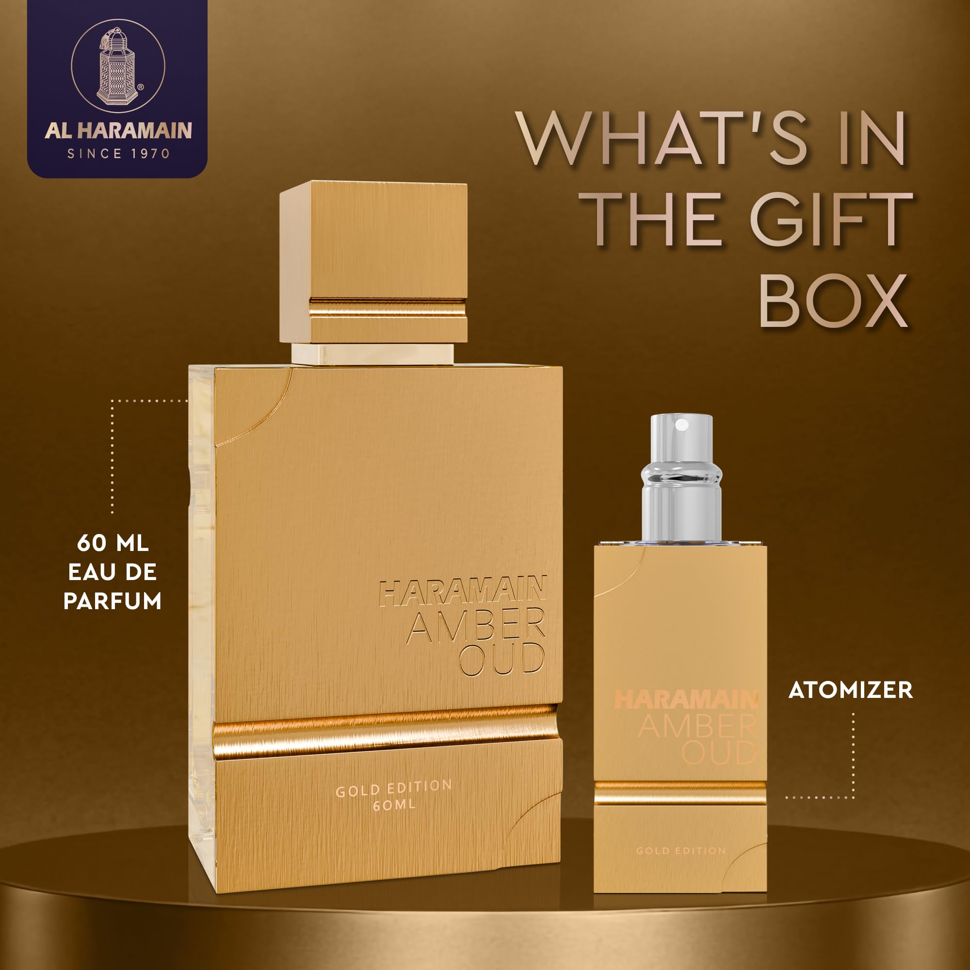 Al Haramain Amber Oud Gold Edition atomizer, travel-friendly for easy touch-ups.