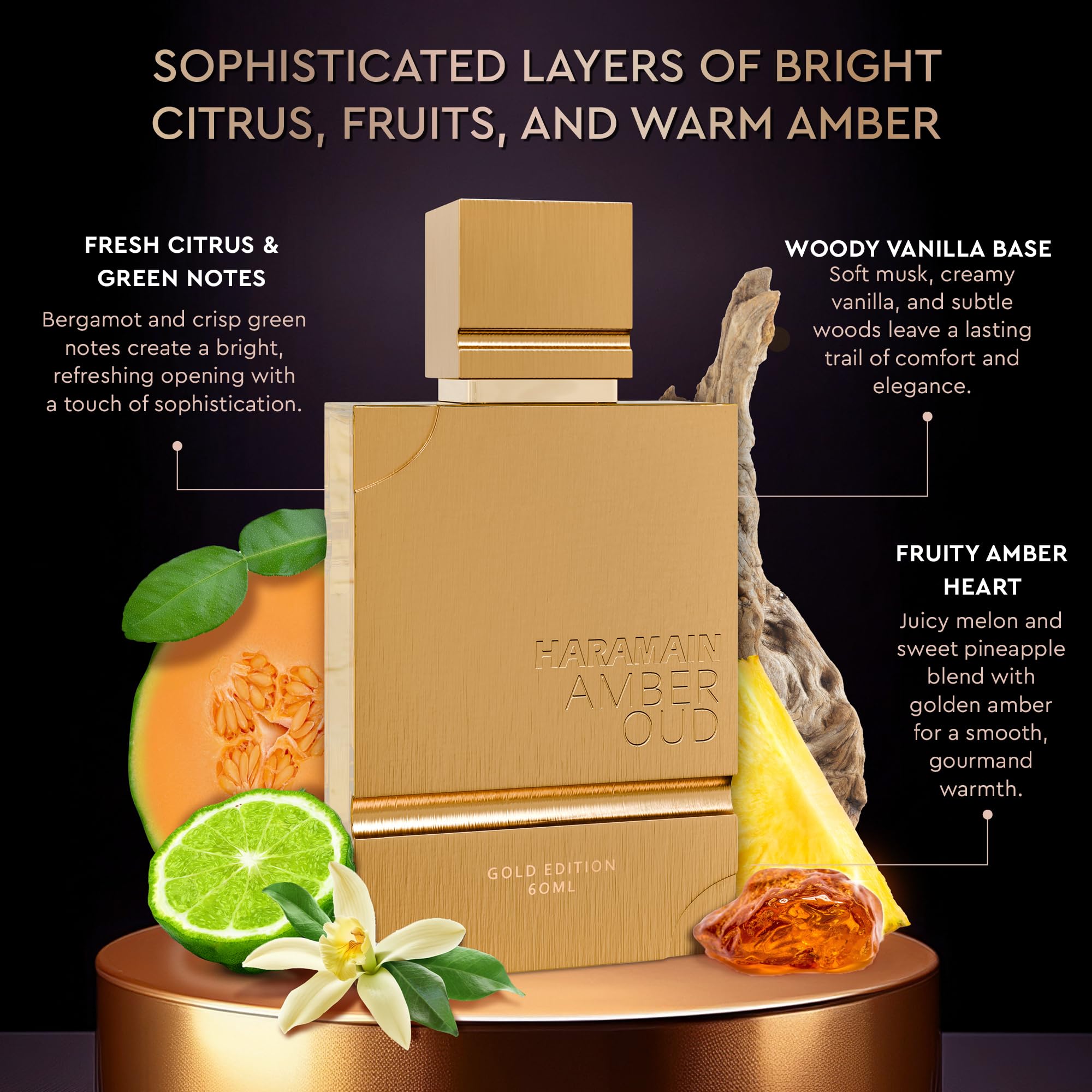 Al Haramain Amber Oud Gold Edition spray, fruity-amber aroma.