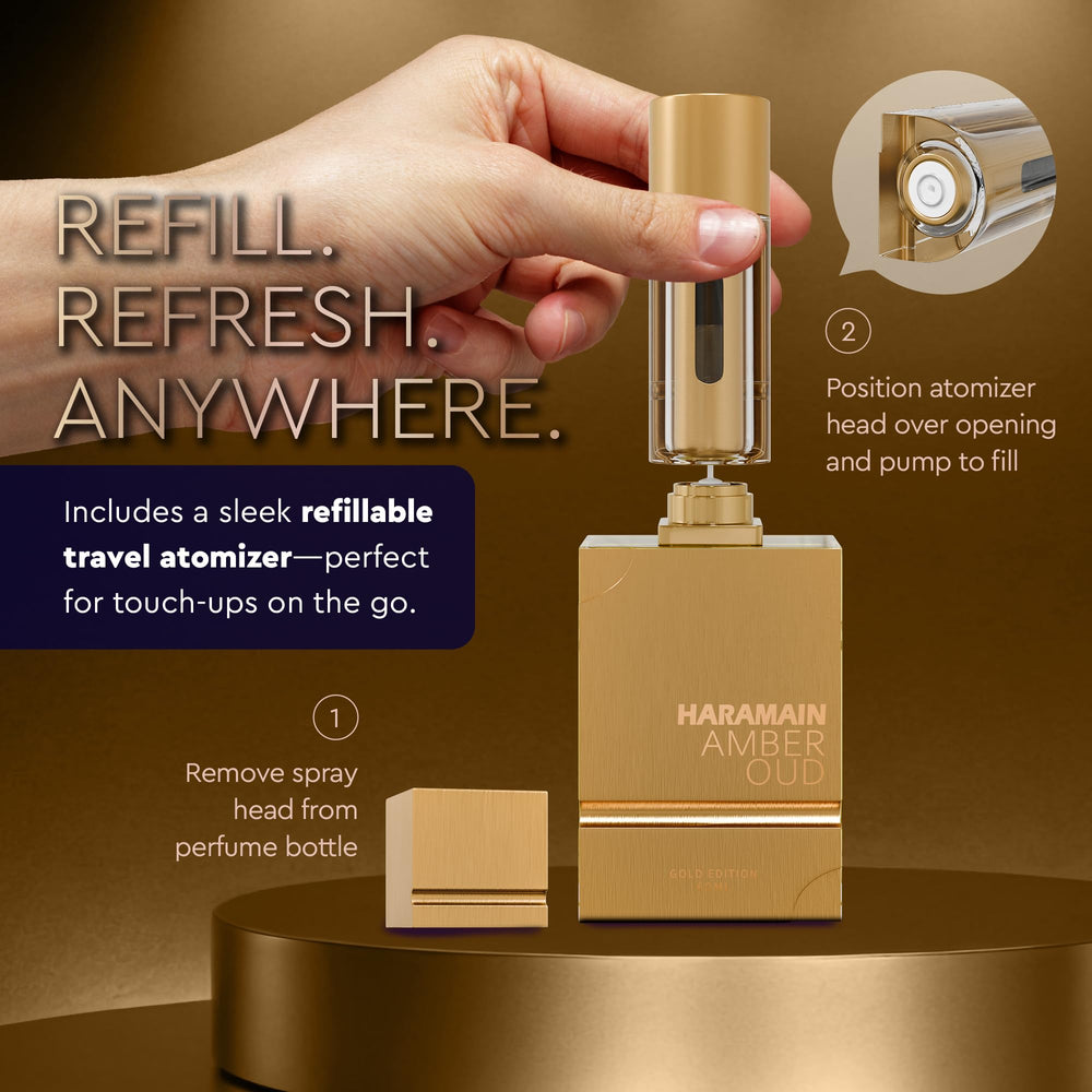 Al Haramain Amber Oud Gold Edition travel atomizer, on-the-go application.