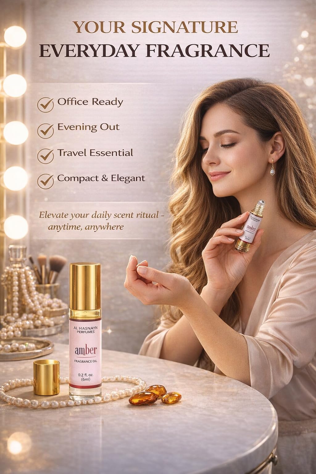 AL HASNAYN Amber Roll-On applied on wrist for all-day scent