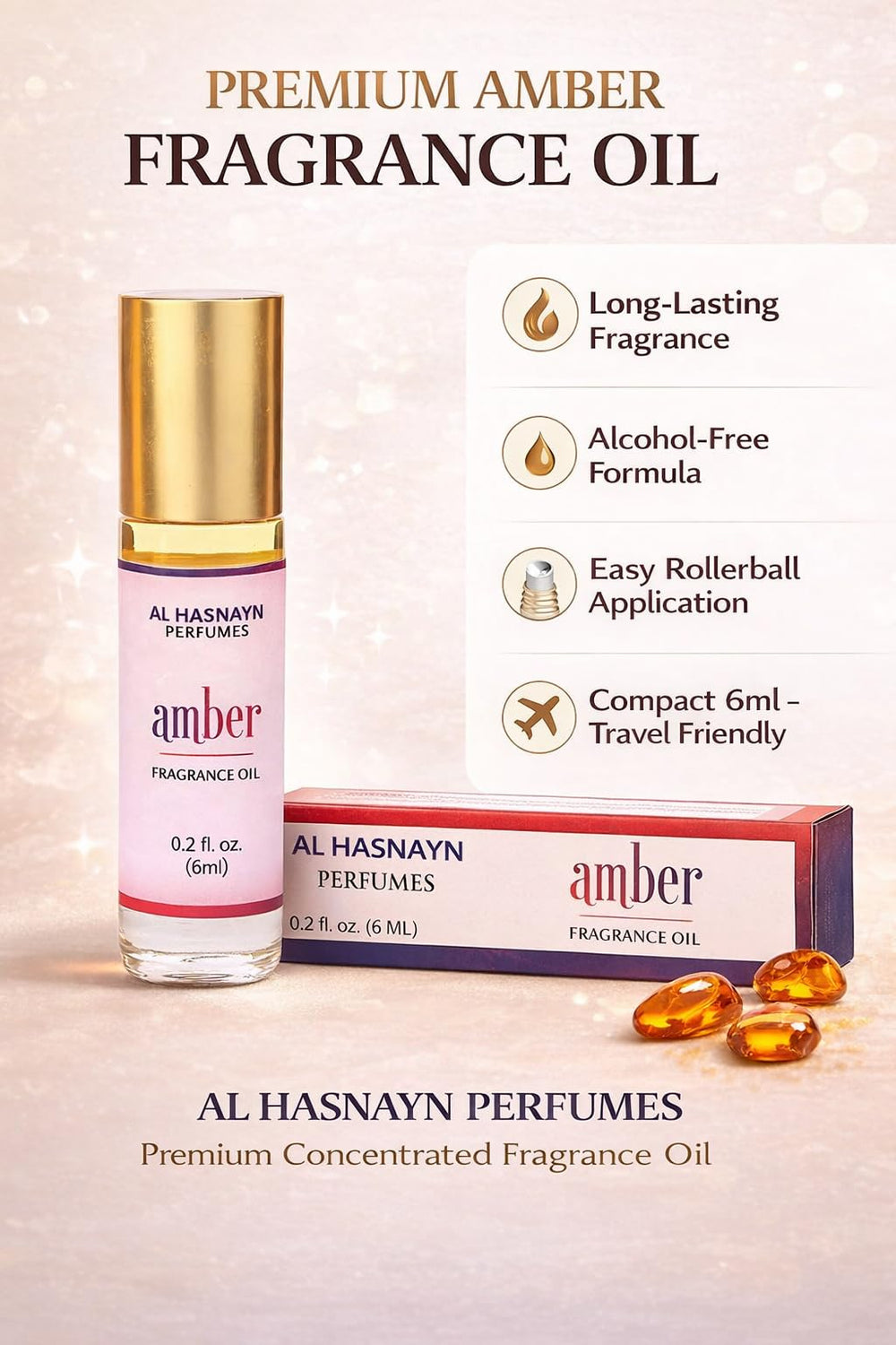 AL HASNAYN Amber perfume box packaging highlights travel-friendly design