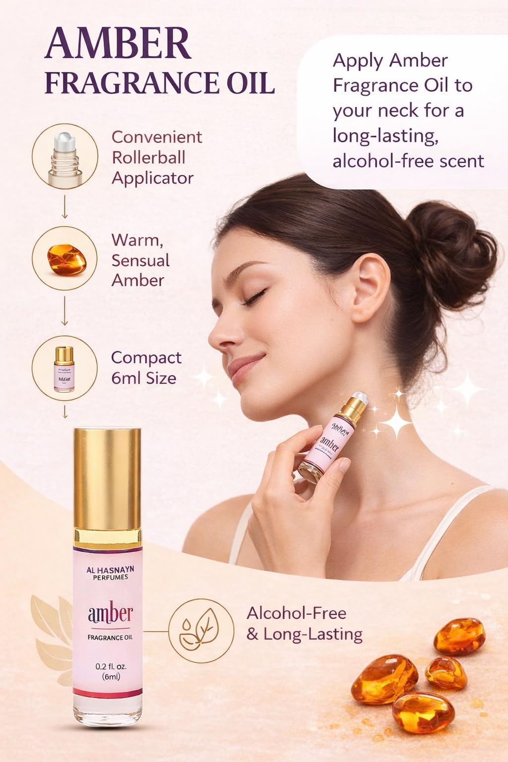AL HASNAYN Roll-On on skin reveals amber warmth and closeness