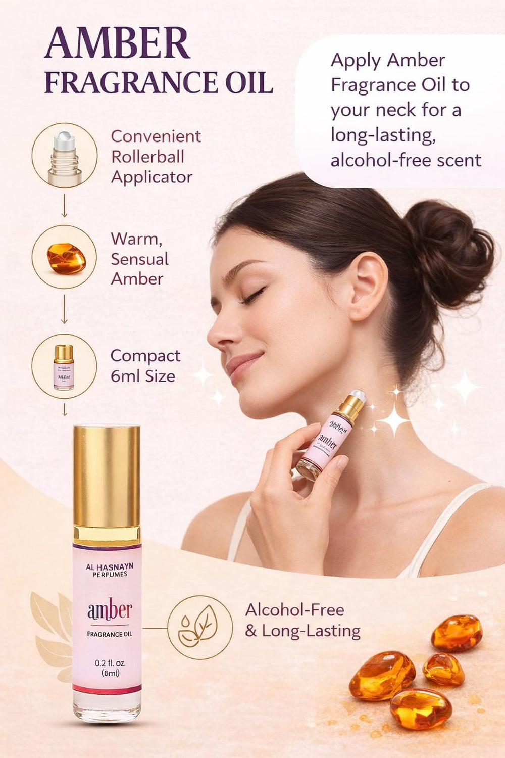 AL HASNAYN Roll-On on skin reveals amber warmth and closeness