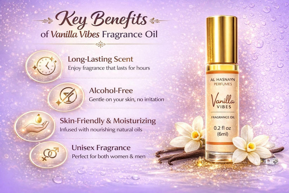 Compact, travel-friendly AL HASNAYN packaging for Vanilla Vibes