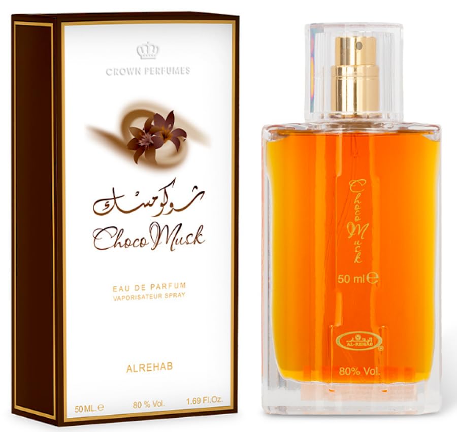 Al-Rehab Choco Musk bottle on skin showing creamy vanilla warmth for everyday wear.