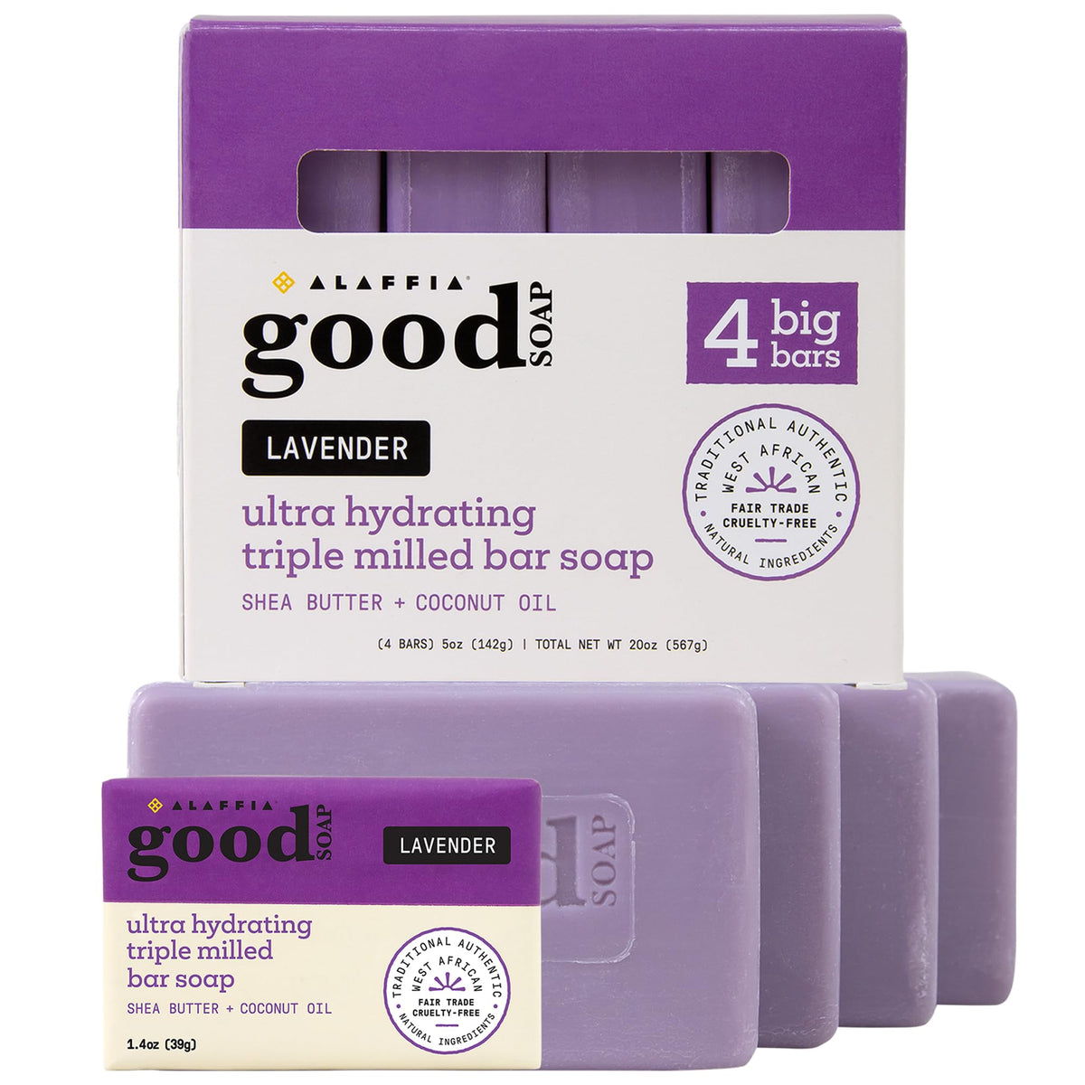Alaffia Good Soap Lavender pack front with four bars for lasting freshness.