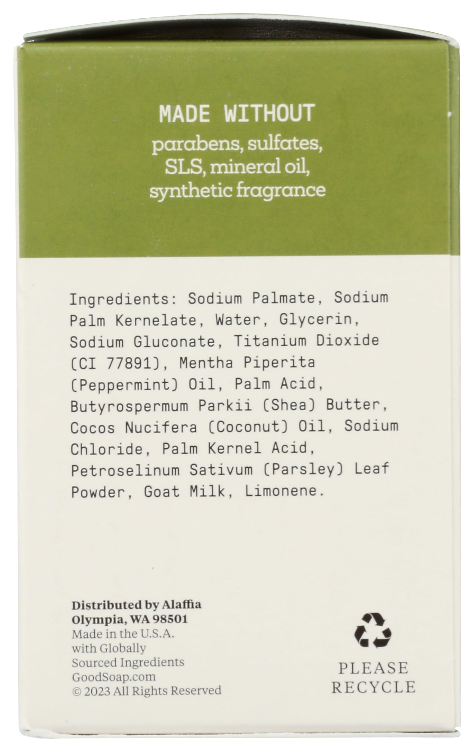 Alaffia Peppermint Good Soap natural ingredients section suggests mild, plant-based cleansing for sensitive skin.