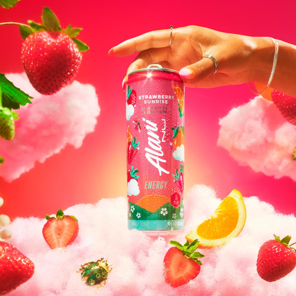 Ginseng root and antioxidants icon beside Alani Nu Strawberry Sunrise can.