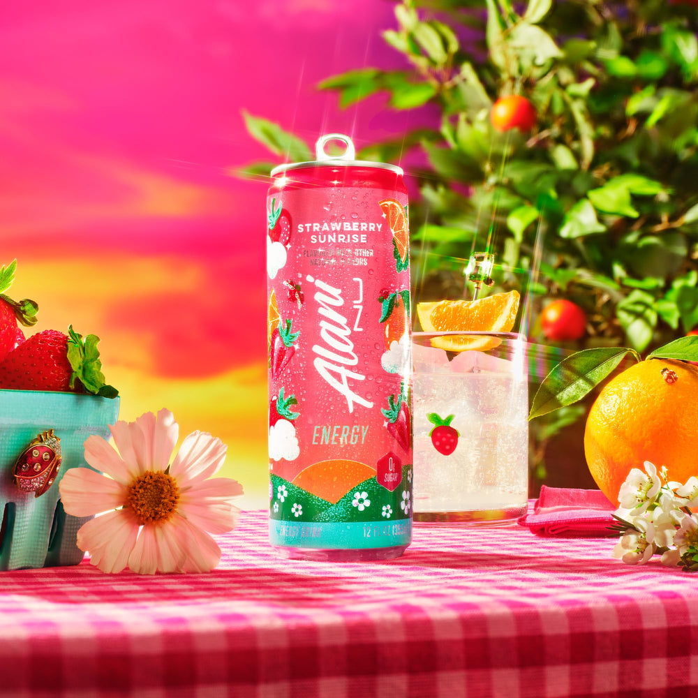 Alani Nu bottle with vegan and gluten-free icons, clean energy choice.