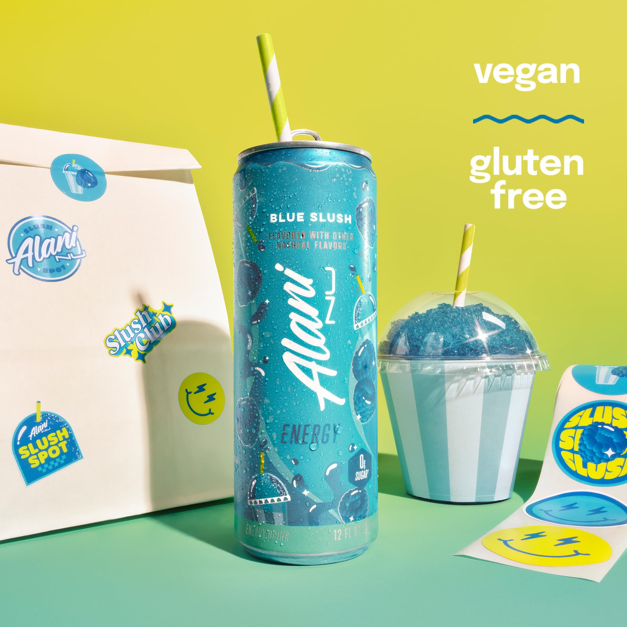 12-pack of Alani Nu Blue Slush cans displayed for convenient energy on the go