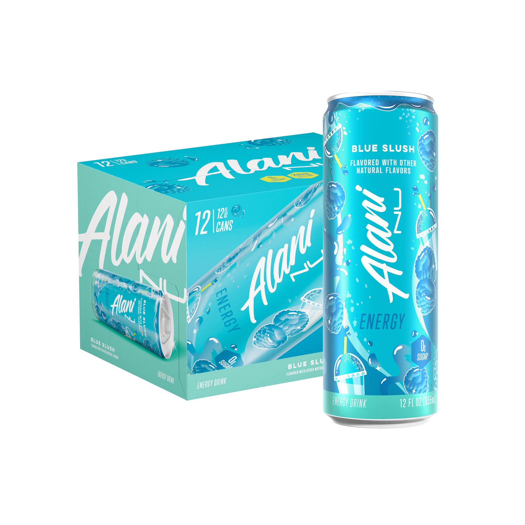 Alani Nu Blue Slush can on desk showing zero sugar and low calories for a clean lift