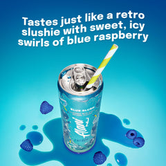 Closeup of Alani Nu Blue Slush label highlighting caffeine and vitamins