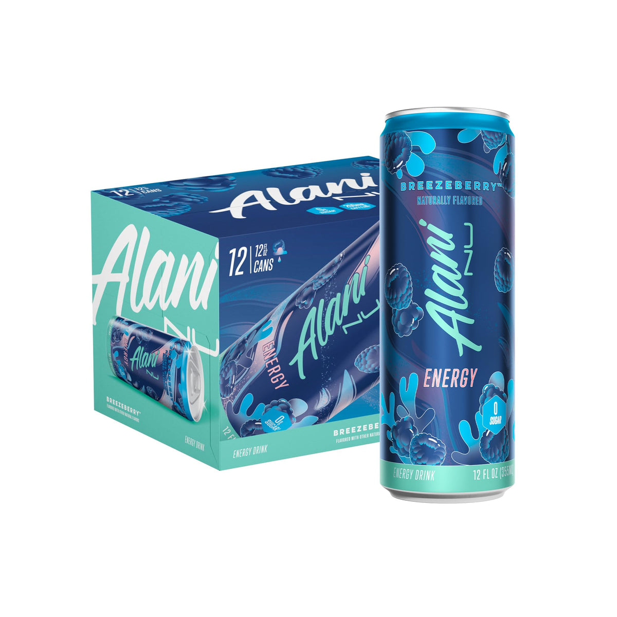Alani Nu Breezeberry can front view with zero sugar energy in a sleek package.