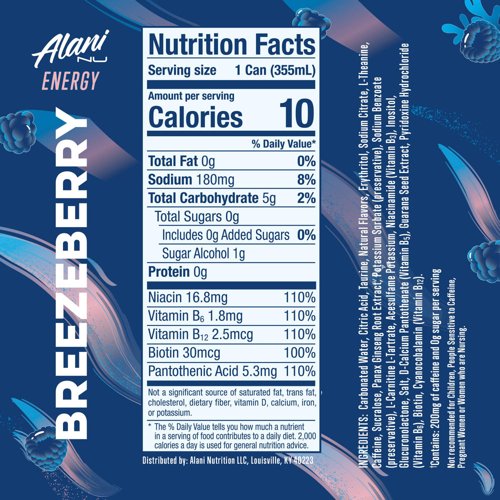 Alani Nu Breezeberry can top view highlighting compact, portable energy.