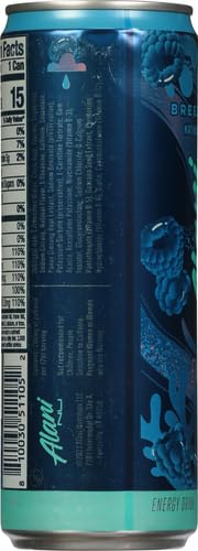 Alani Nu Breezeberry label close-up featuring 200 mg caffeine and nutrients.
