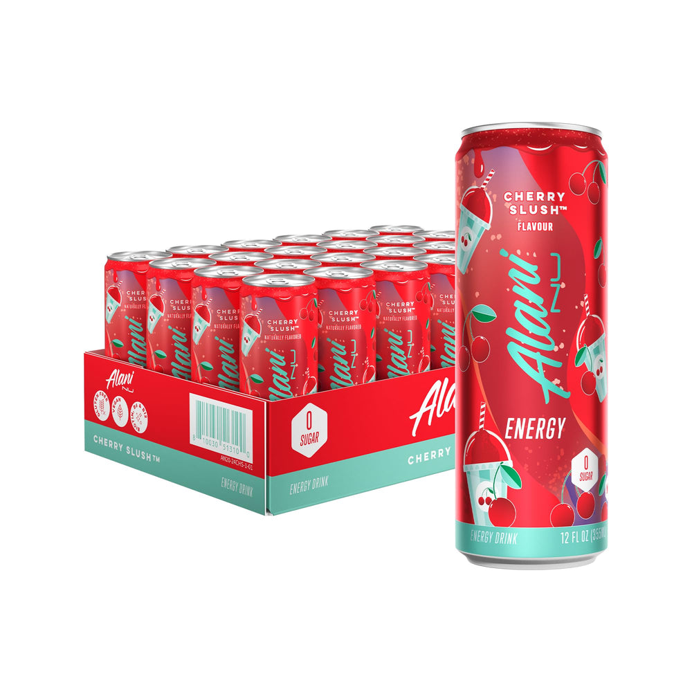 Alani Nu Cherry Slush can front view showcases bold flavor and zero sugar convenience.
