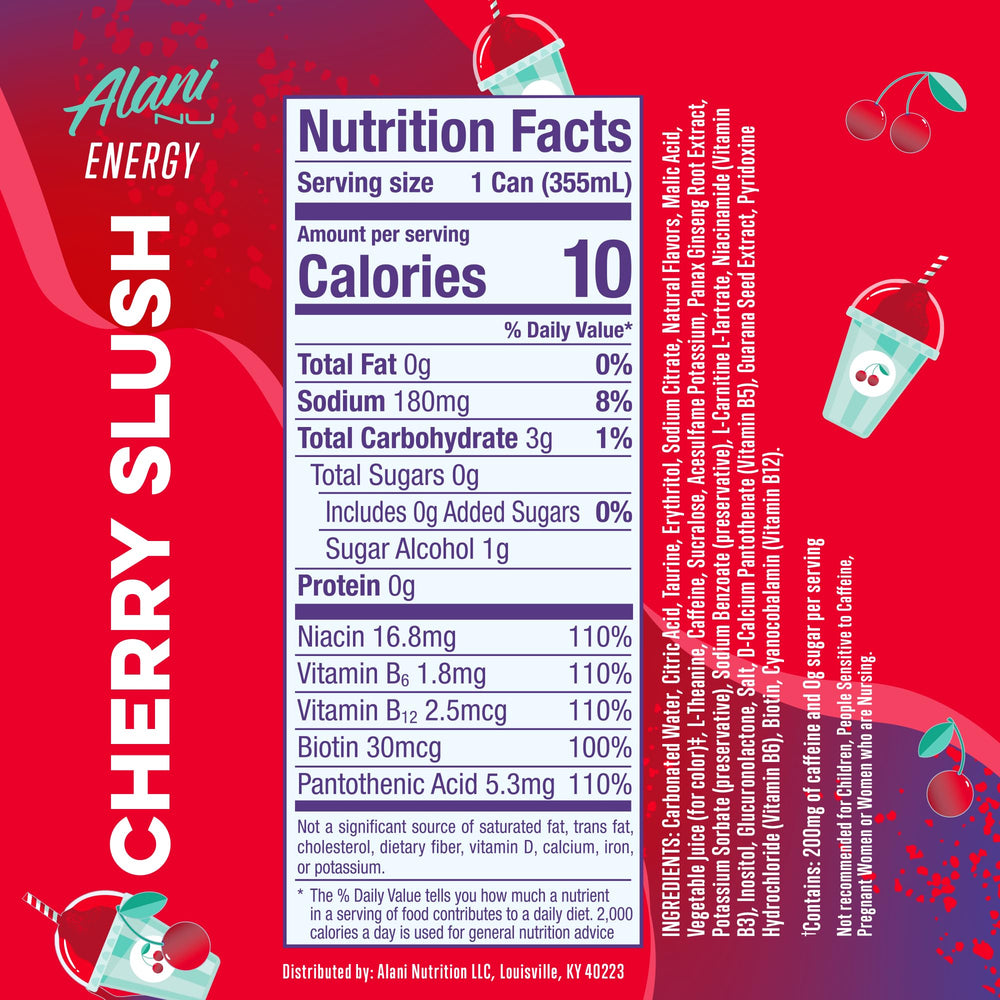 Alani Nu Cherry Slush can side angle highlights portable energy for workouts.