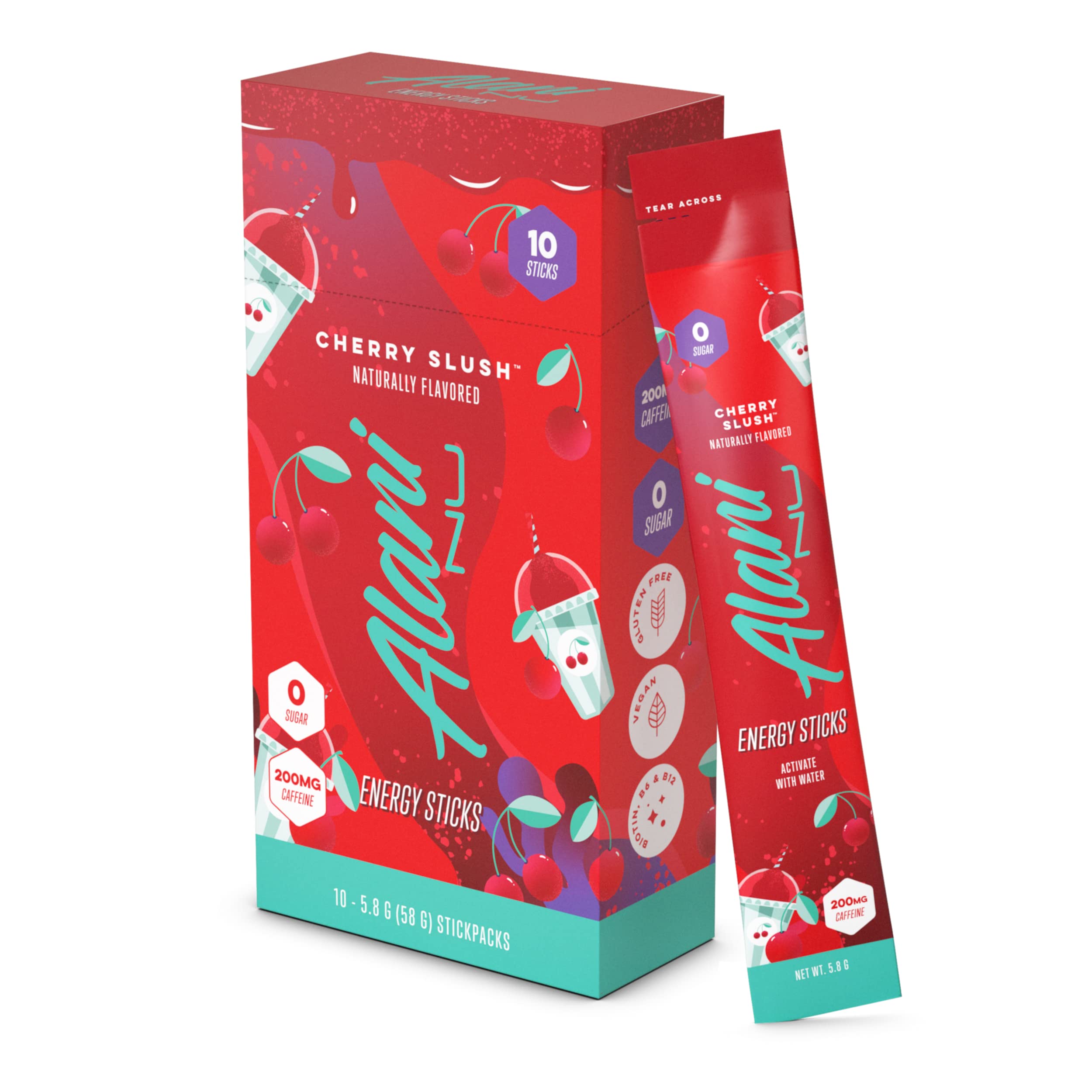 Alani Nu Cherry Slush energy stick packet shows bold flavor and 200mg caffeine.