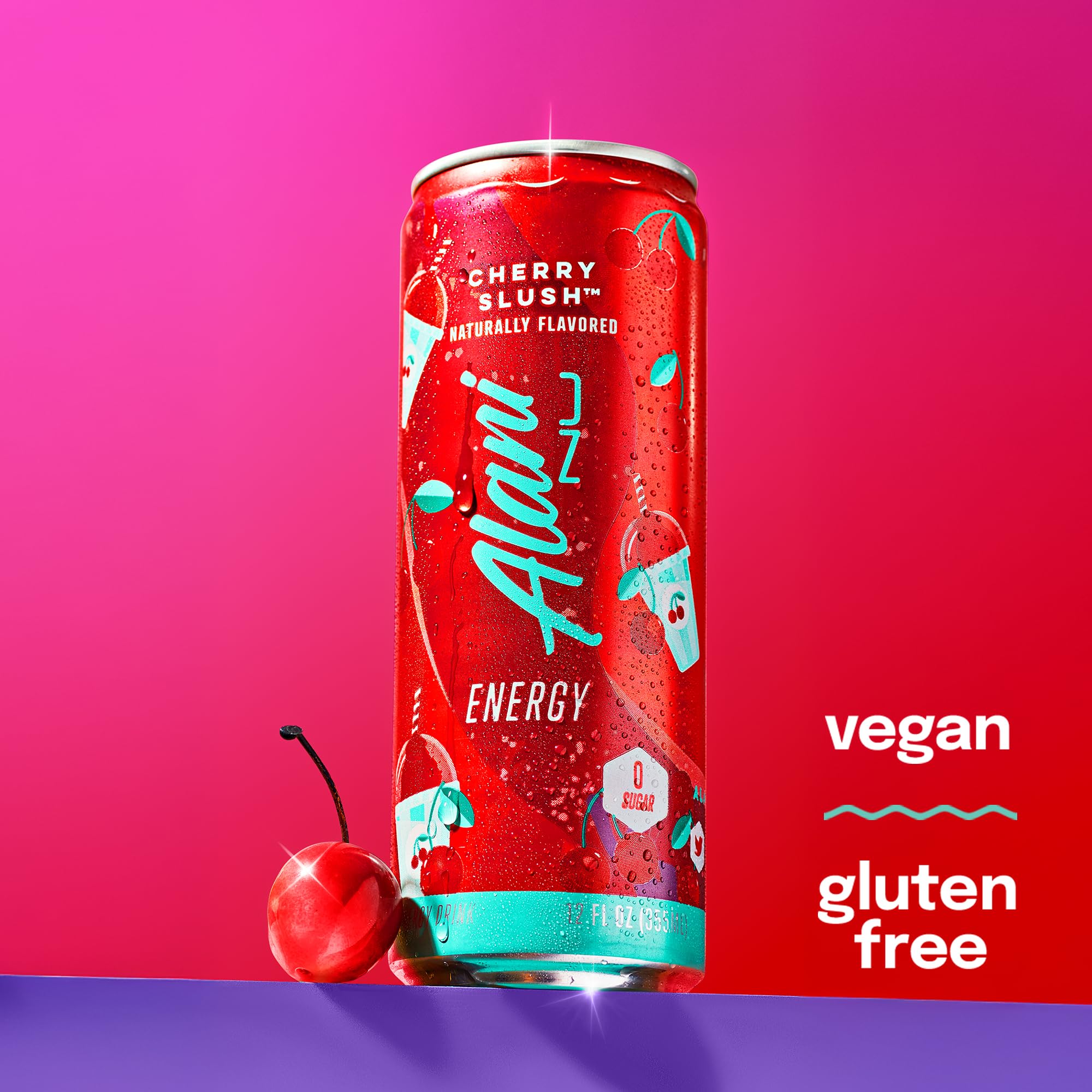 Alani Nu Cherry Slush pours into a glass for quick refreshment anytime.