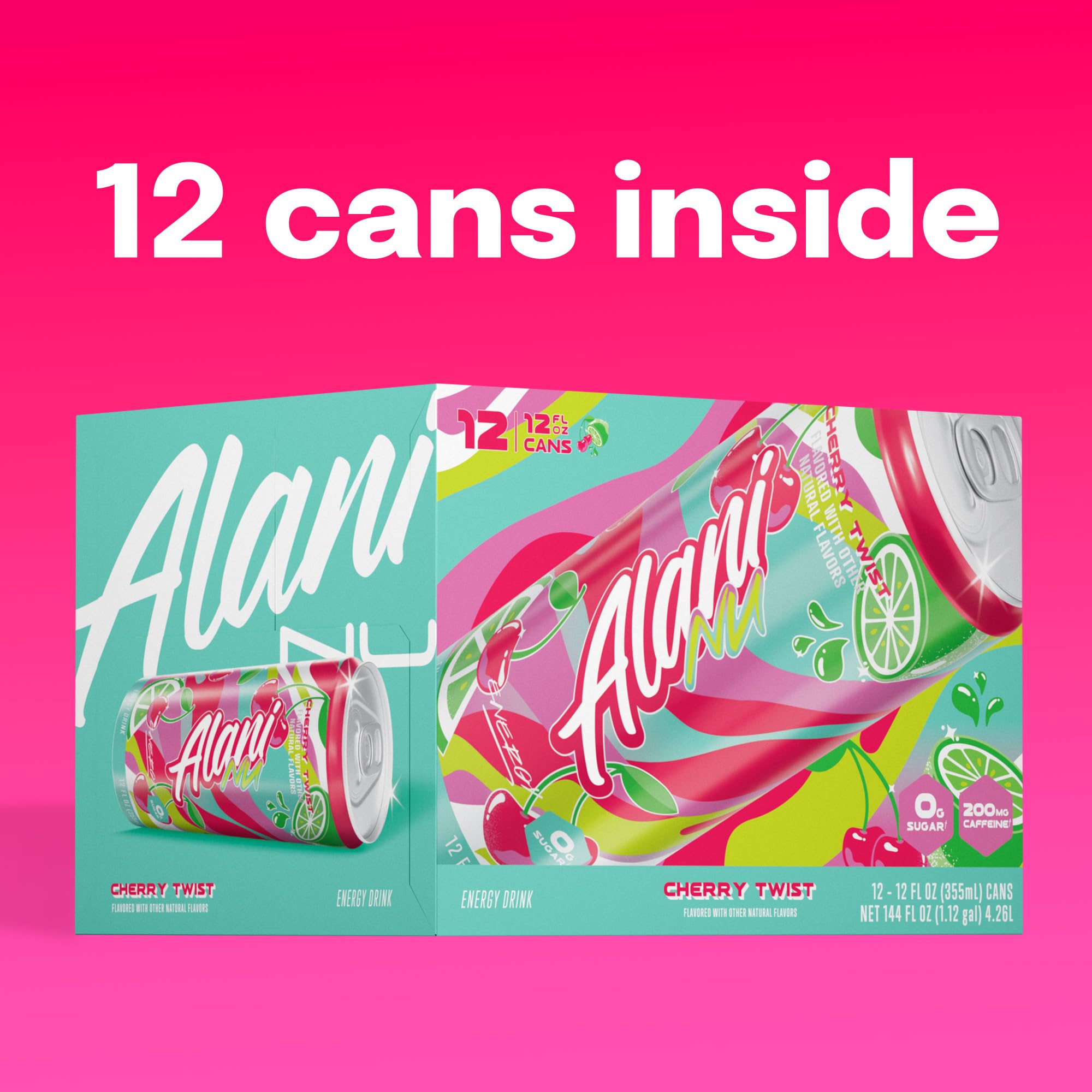 Alani Nu Cherry Twist bottle up-close emphasizing bold taste and clean ingredients.